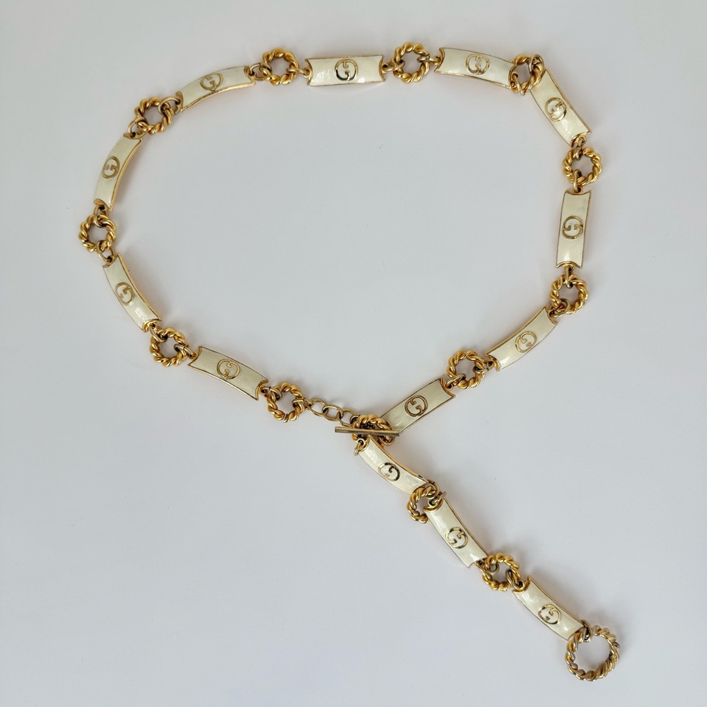 Vintage 1970s Gucci White Enamel Gold Chain Belt Necklace Italy 36” - Picture 6 of 6
